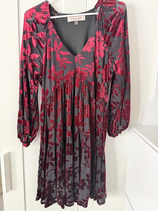 Taylor Dresses & Skirts - Taylor Charcoal Long-Sleeve Dress with Berry Floral Burnout